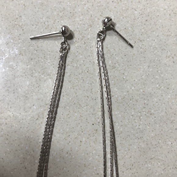 Ultra Long Silver and Blue Crystal Earrings - Picture 3 of 6